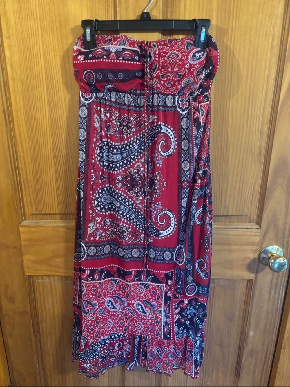 Maurices Red and Blue Paisley Strapless Dress